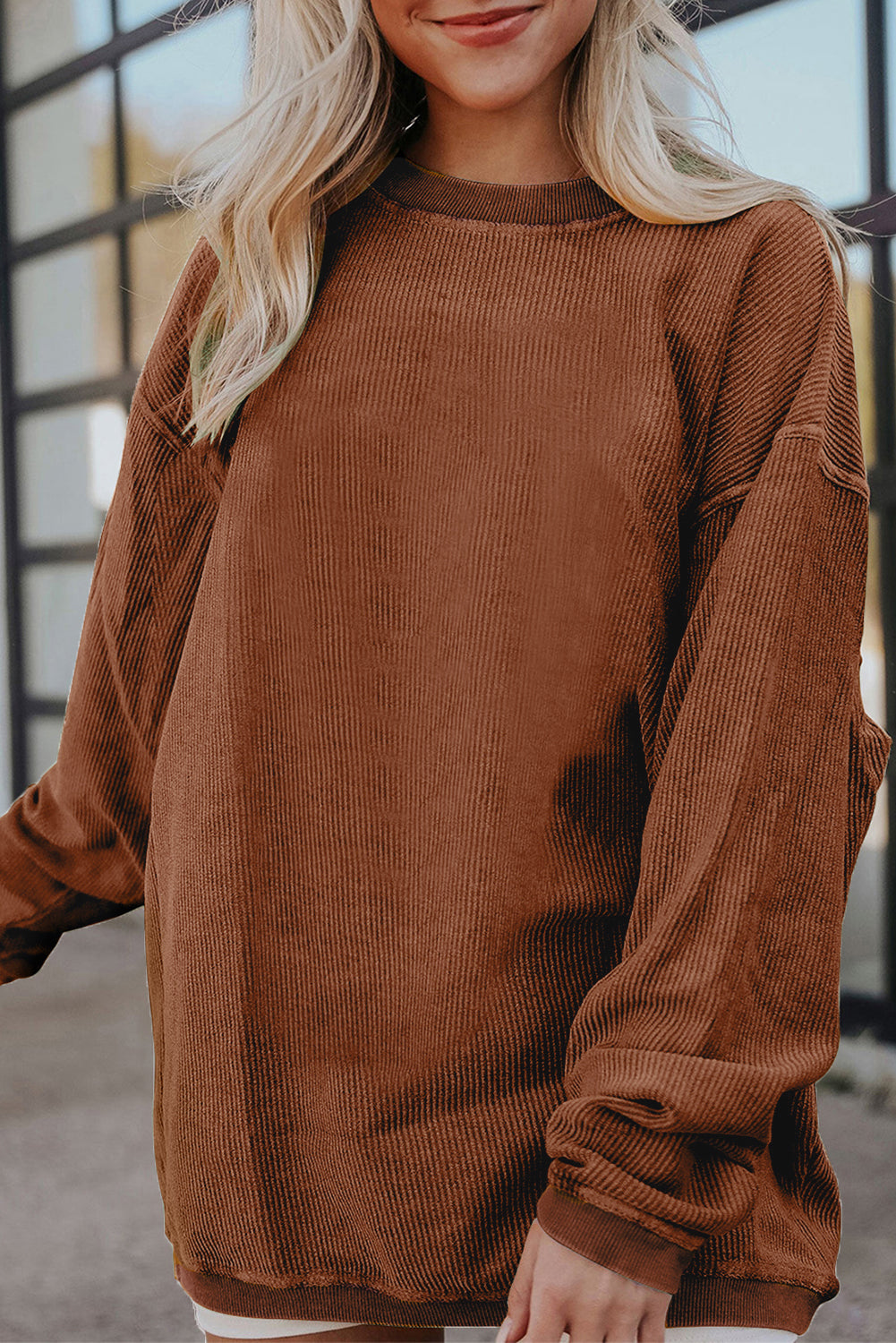 Apricot Drop Shoulder Ribbed Oversized Sweatshirt