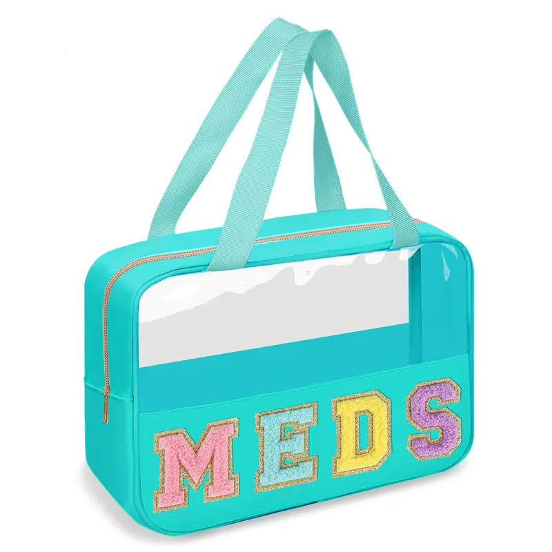 Chenille Letter Bag Clear MEDS Makeup Pouch, Preppy Cute Small Medicine Bag Travel Drugs Pills Zipper Pouch, Nylon Waterproof Portable Meds Bag Toiletry Storage Organizer for Patient Nurse PU Leather