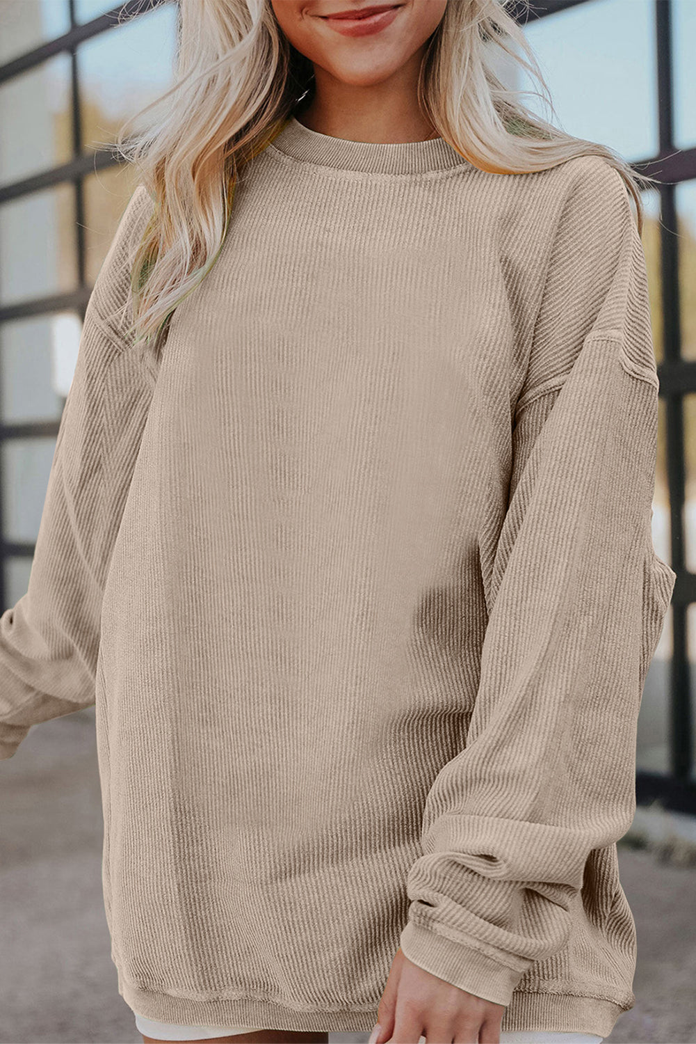 Apricot Drop Shoulder Ribbed Oversized Sweatshirt