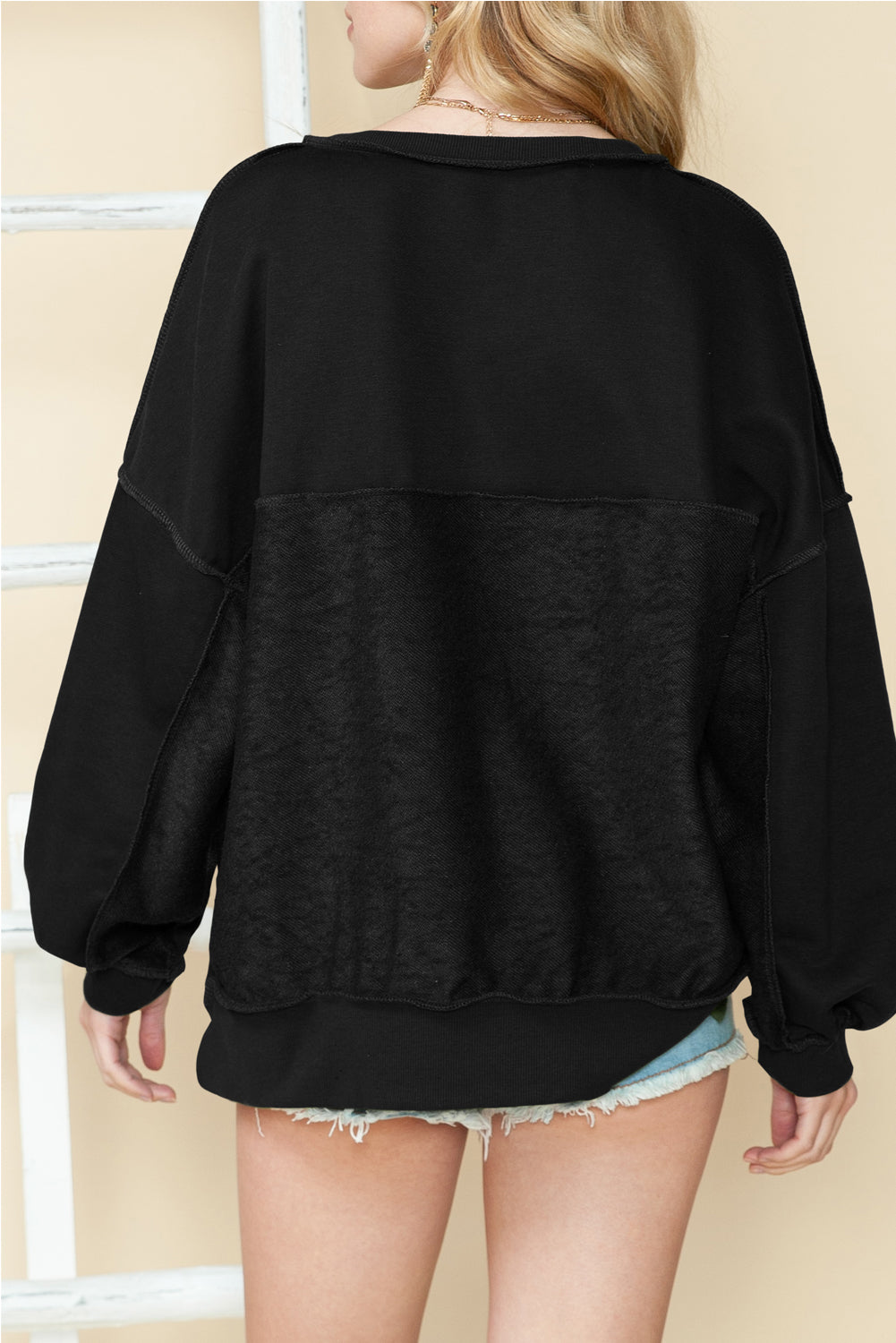 Black Slouchy Drop Shoulder Henley Sweatshirt