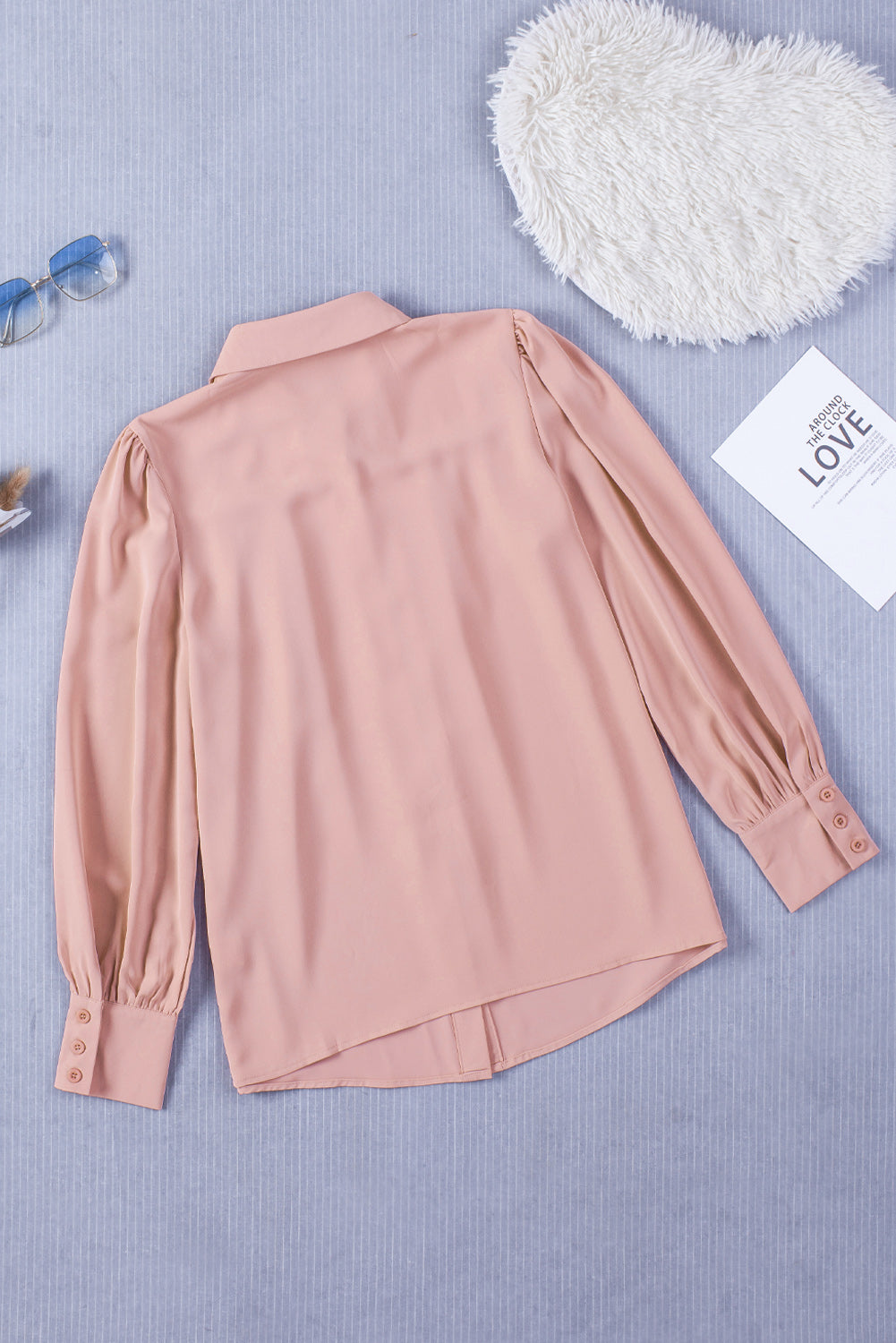 Pink Solid Button Up Pleated Loose Puff Sleeve Shirt