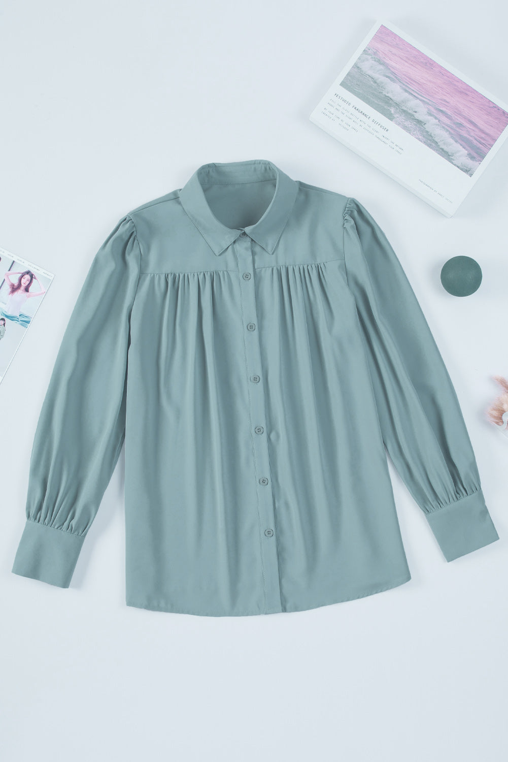 Pink Solid Button Up Pleated Loose Puff Sleeve Shirt
