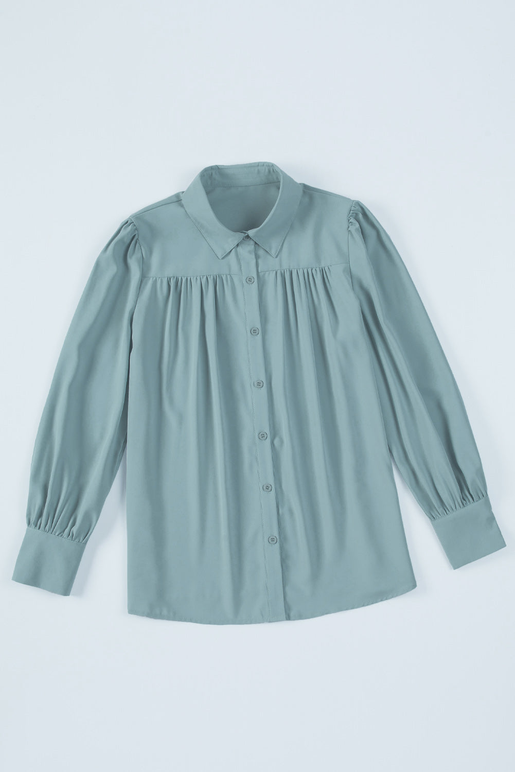 Pink Solid Button Up Pleated Loose Puff Sleeve Shirt