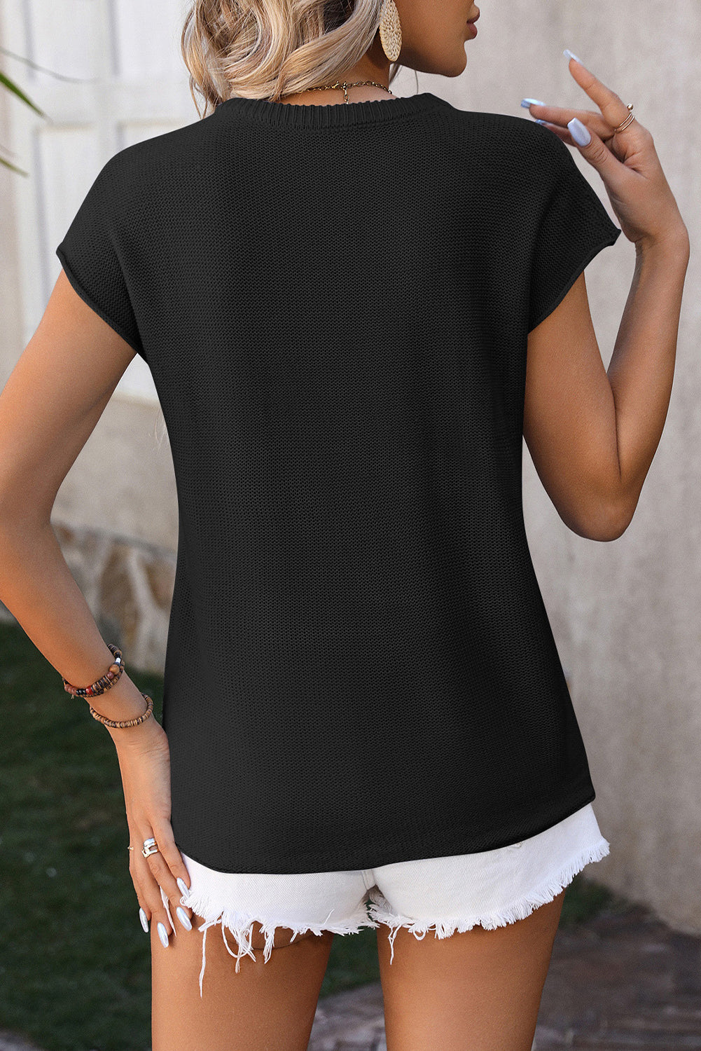 Myosotis Knit Exposed Seam Cap Sleeve Round Neck T Shirt