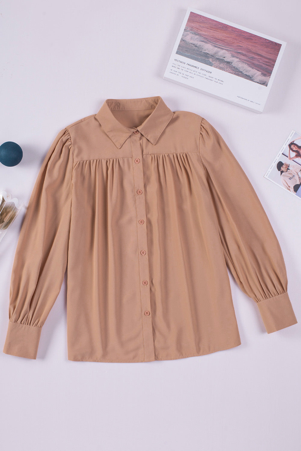 Pink Solid Button Up Pleated Loose Puff Sleeve Shirt