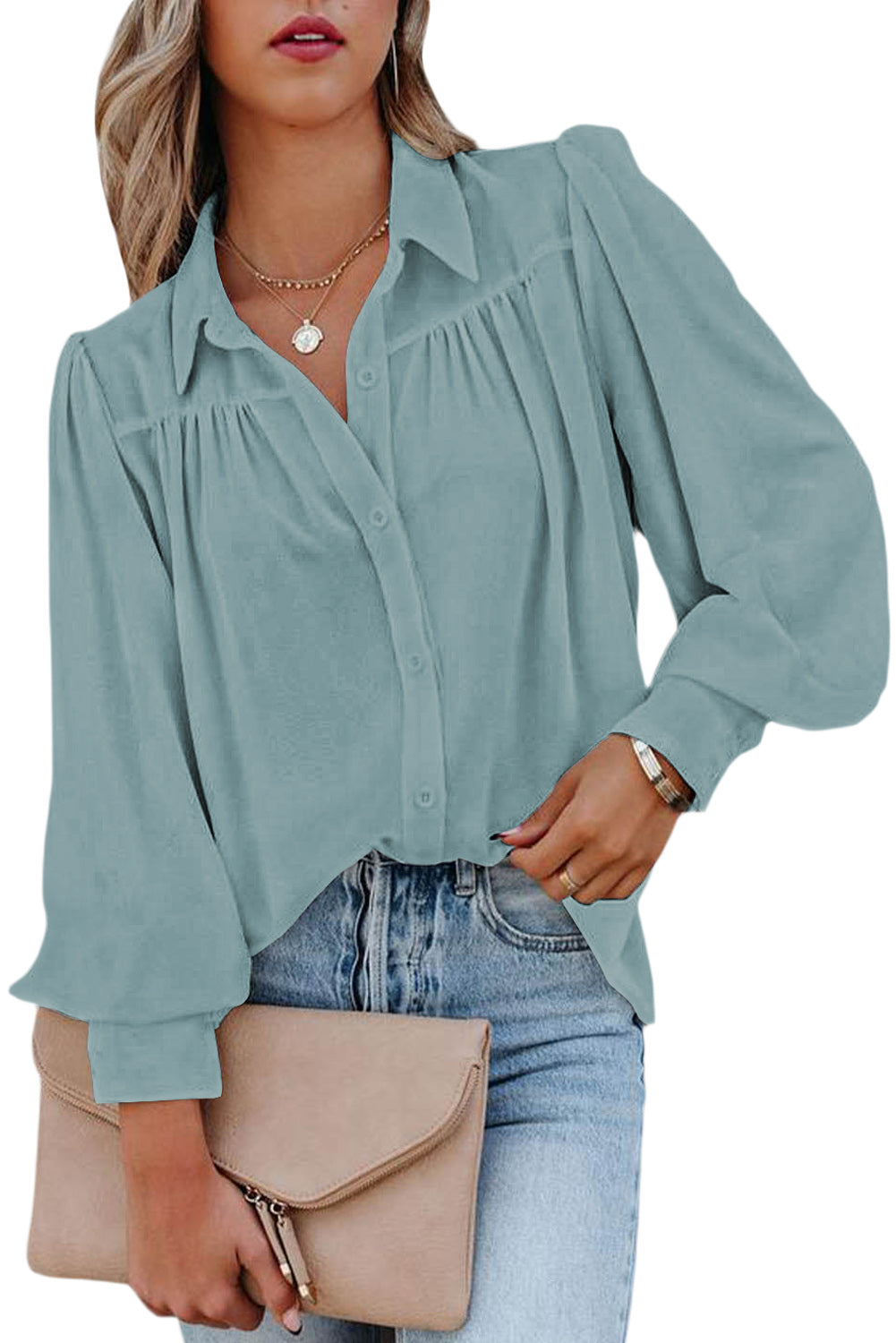 Pink Solid Button Up Pleated Loose Puff Sleeve Shirt