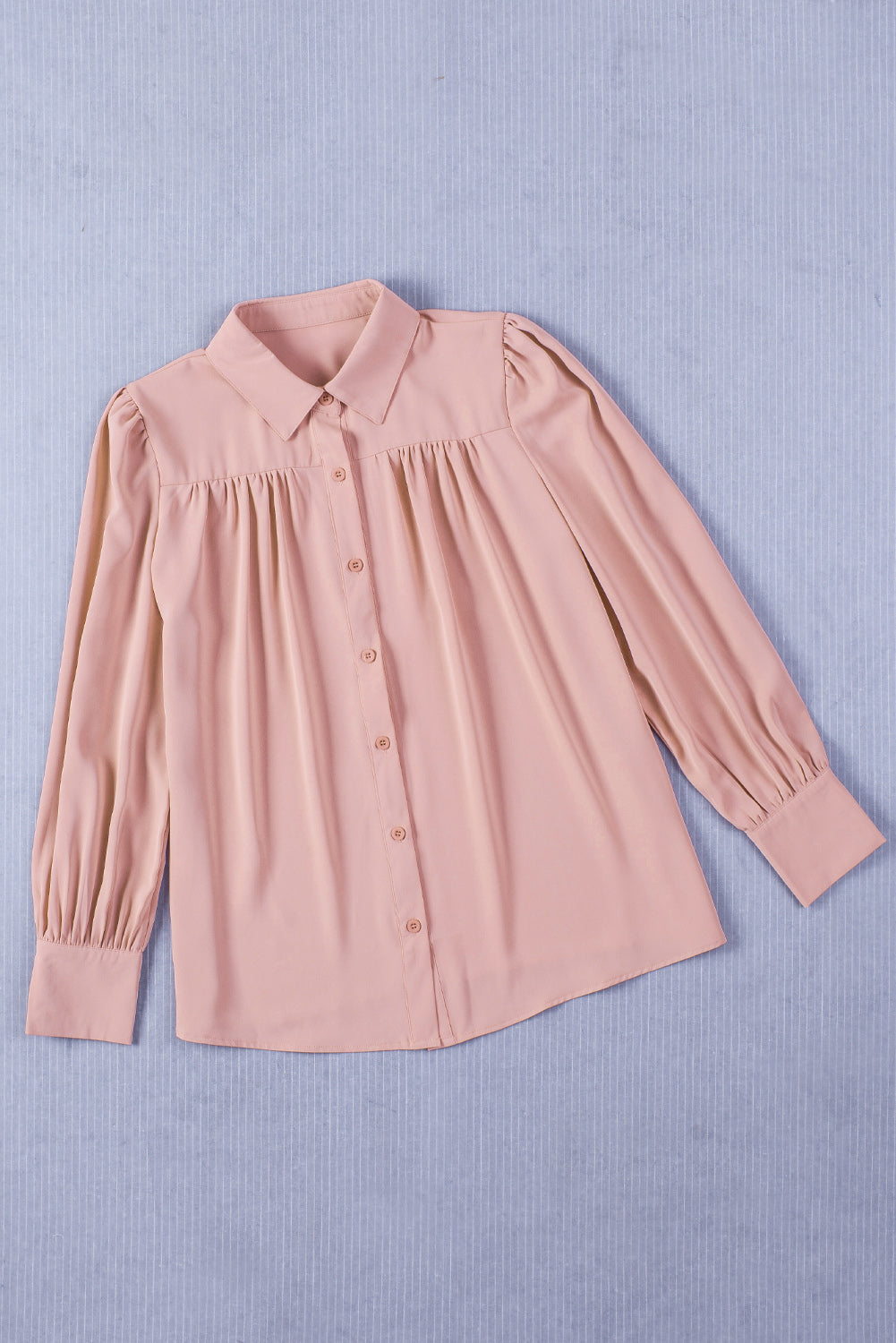Pink Solid Button Up Pleated Loose Puff Sleeve Shirt