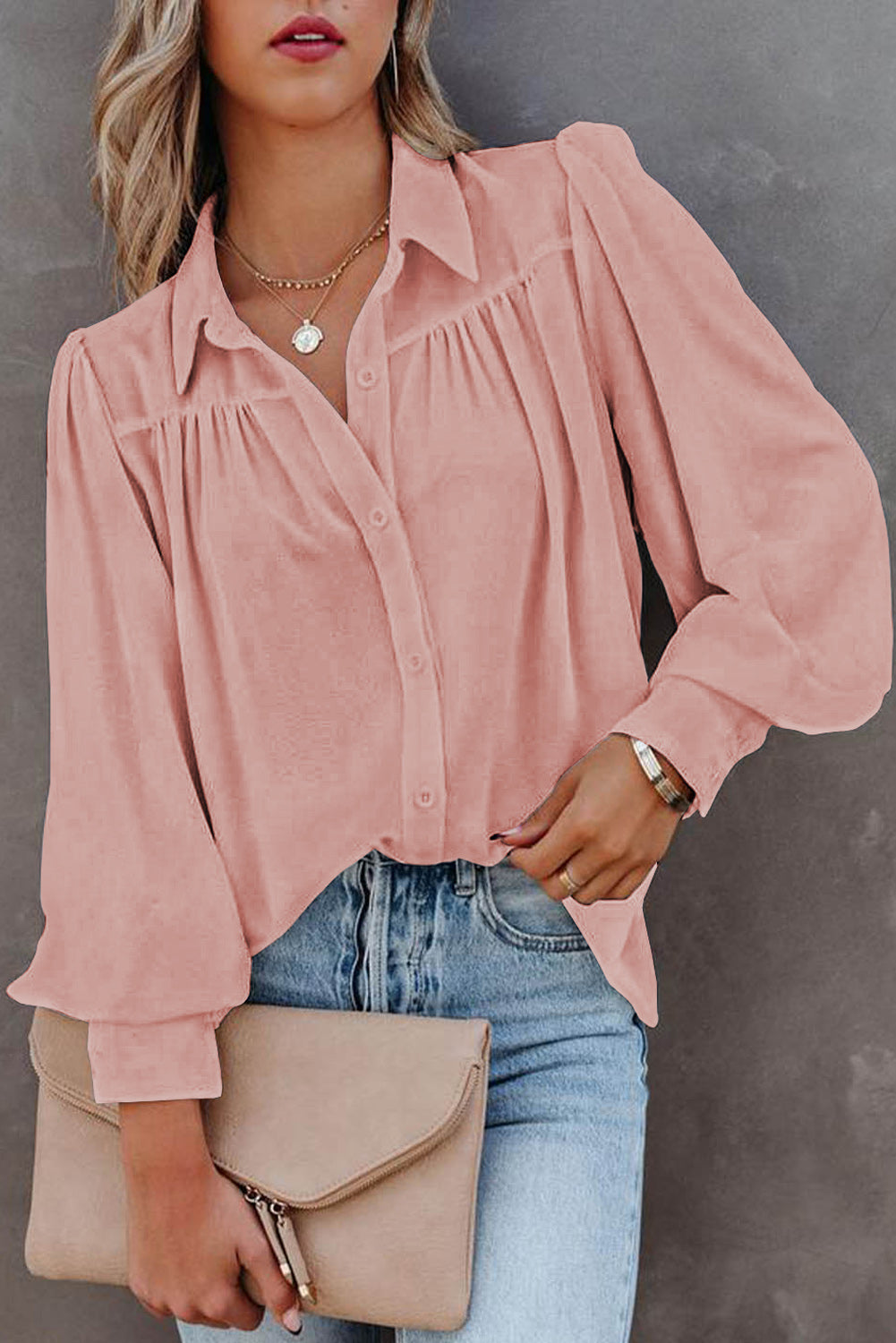 Pink Solid Button Up Pleated Loose Puff Sleeve Shirt