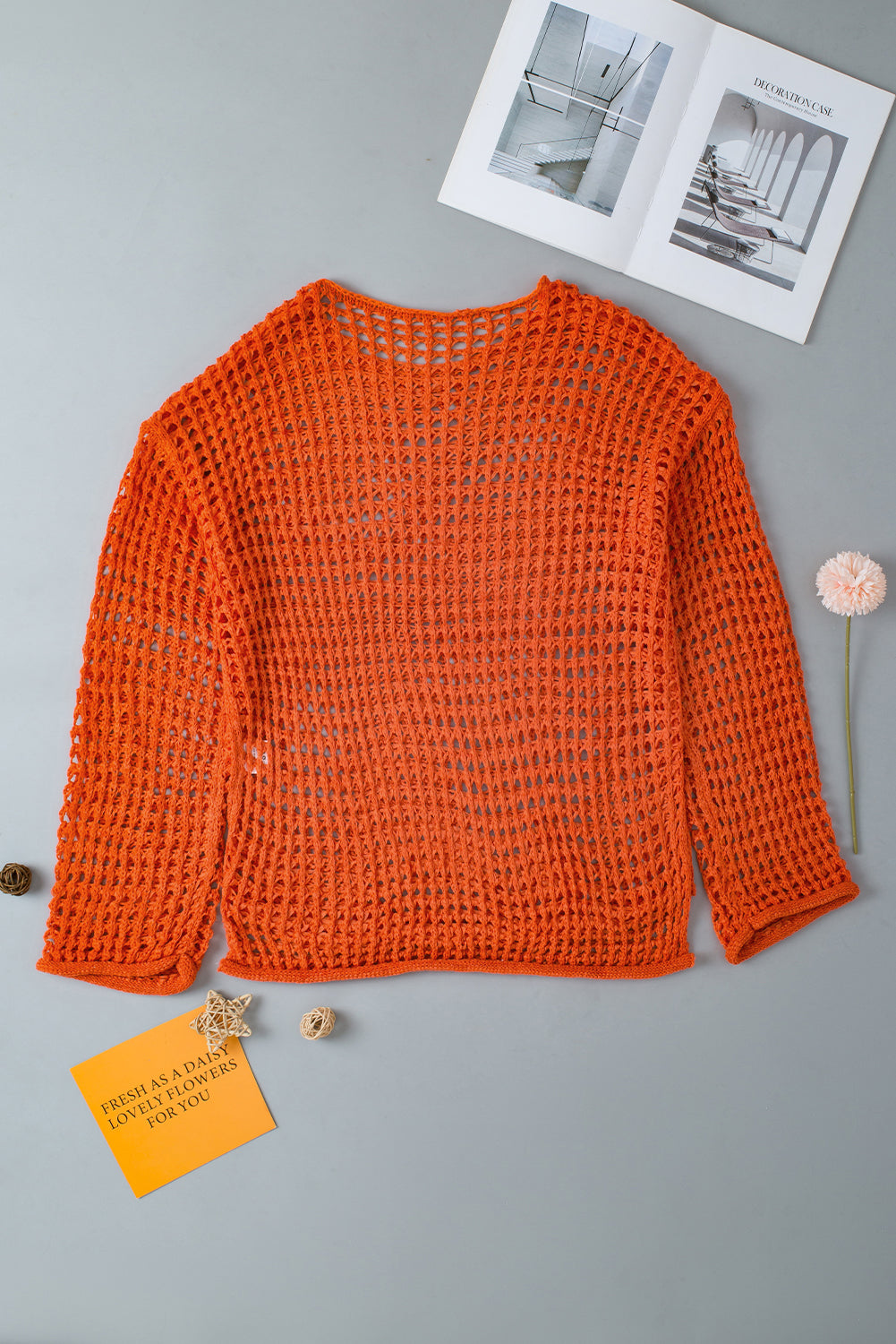 Orange Knit Cut Out Crochet Long Sleeve Tunic Top