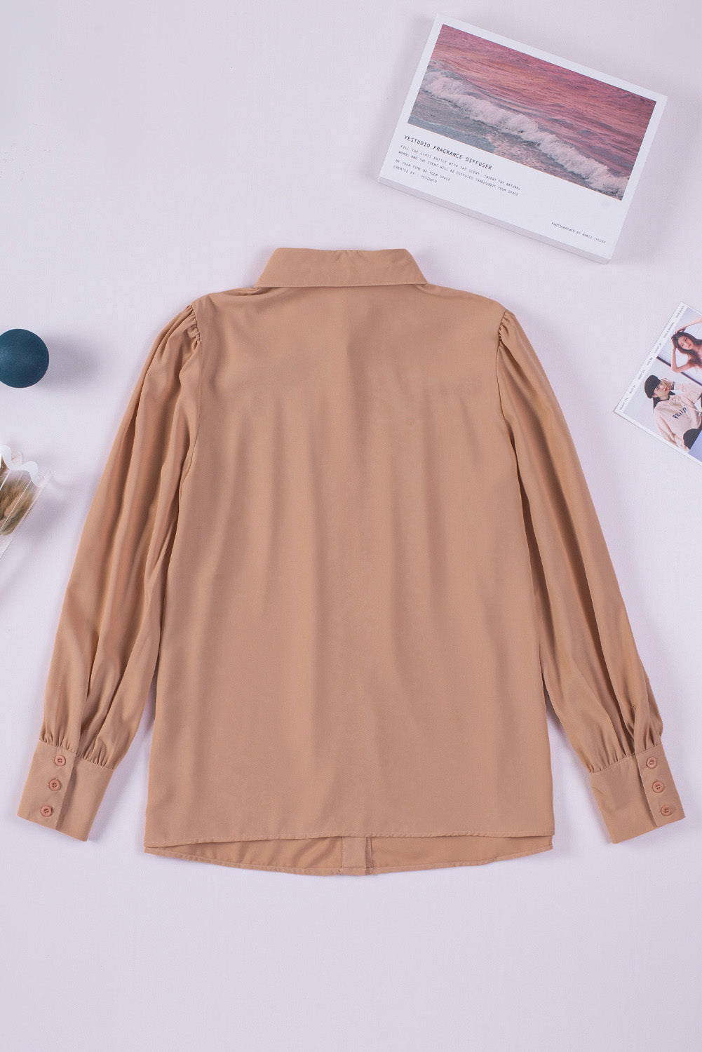 Pink Solid Button Up Pleated Loose Puff Sleeve Shirt