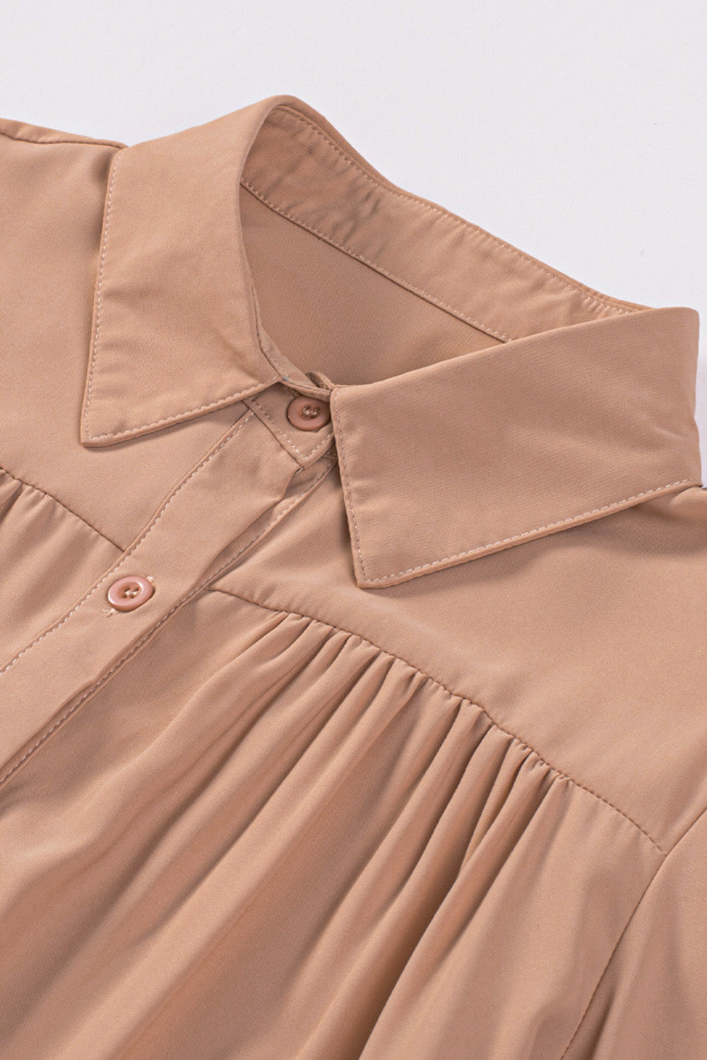 Pink Solid Button Up Pleated Loose Puff Sleeve Shirt
