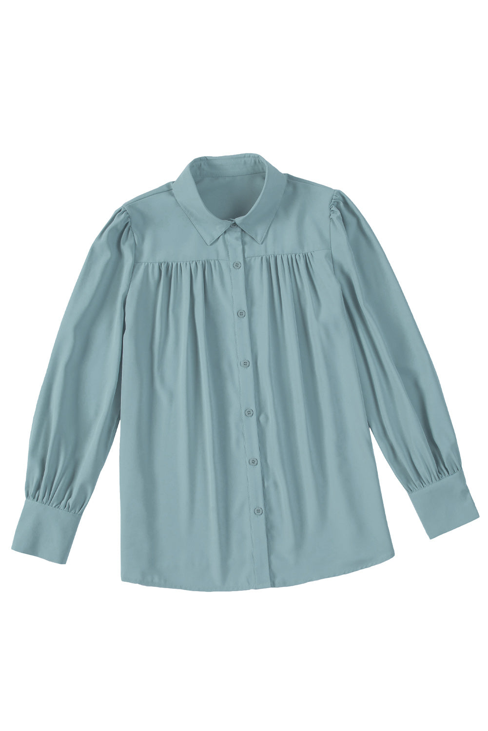 Pink Solid Button Up Pleated Loose Puff Sleeve Shirt