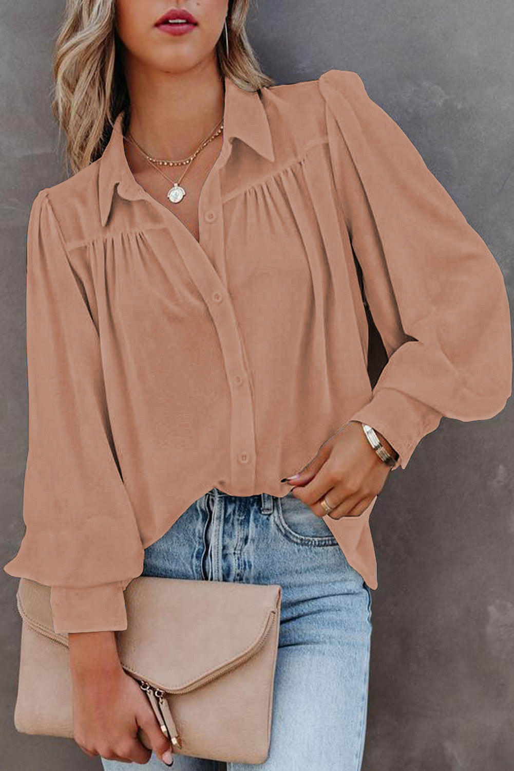Pink Solid Button Up Pleated Loose Puff Sleeve Shirt
