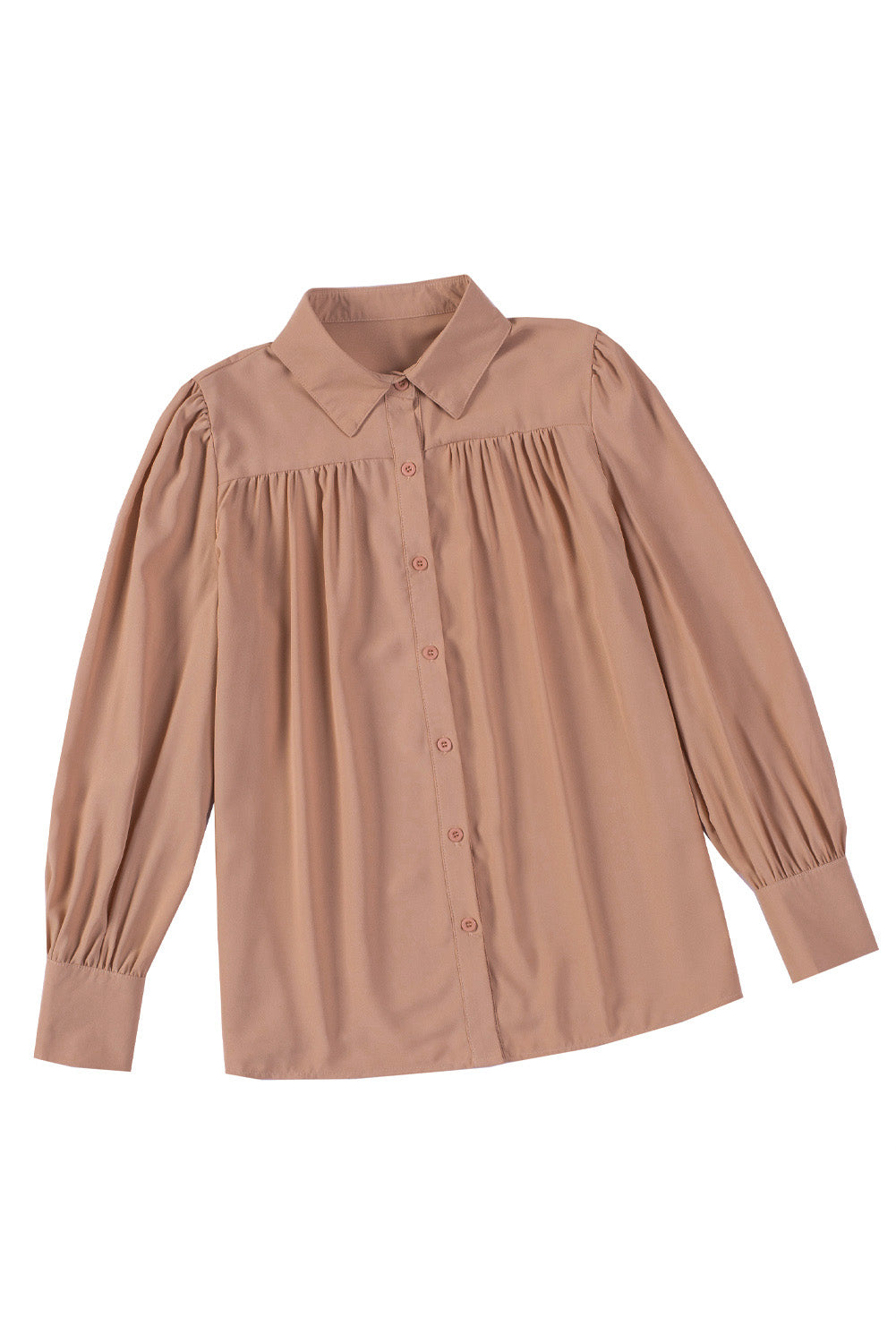 Pink Solid Button Up Pleated Loose Puff Sleeve Shirt