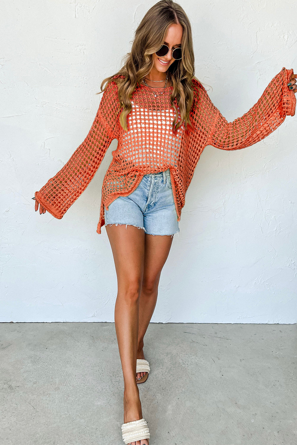 Orange Knit Cut Out Crochet Long Sleeve Tunic Top