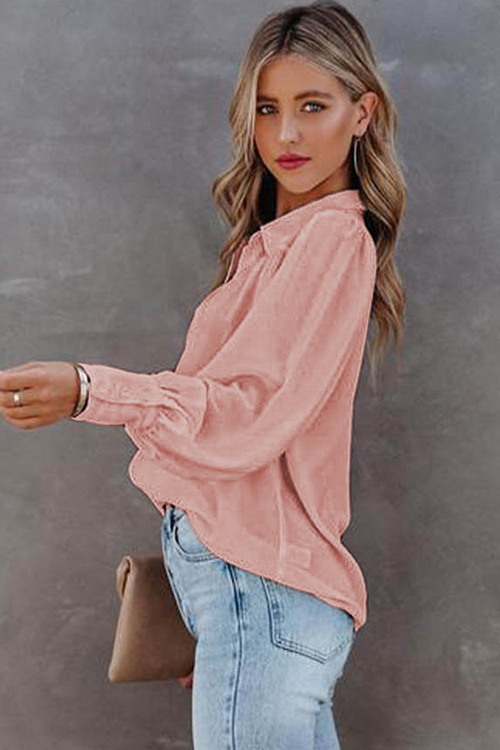 Pink Solid Button Up Pleated Loose Puff Sleeve Shirt