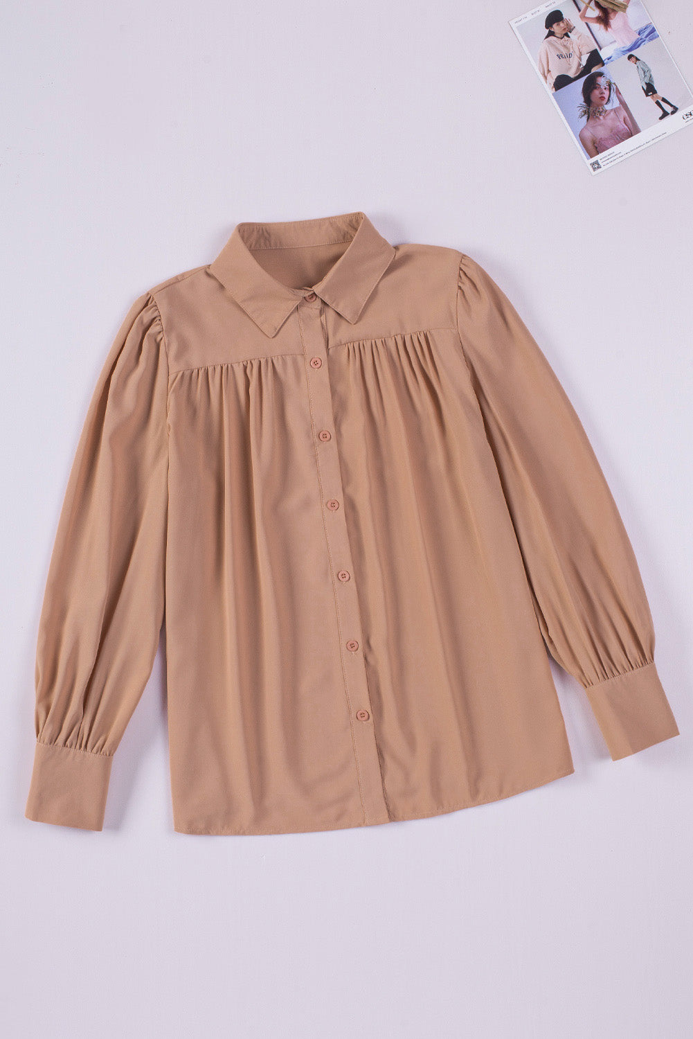 Pink Solid Button Up Pleated Loose Puff Sleeve Shirt