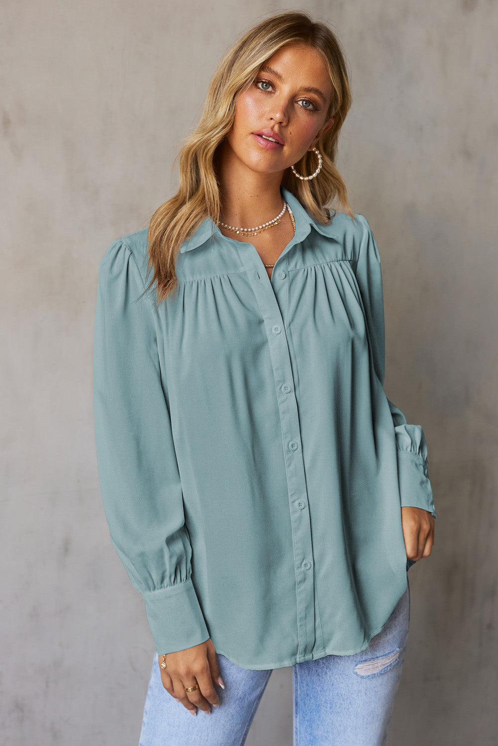 Pink Solid Button Up Pleated Loose Puff Sleeve Shirt