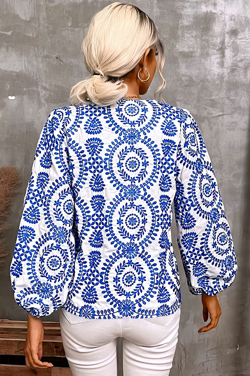 Sky Blue Embroidered V Neck Puff Sleeve Boho Blouse