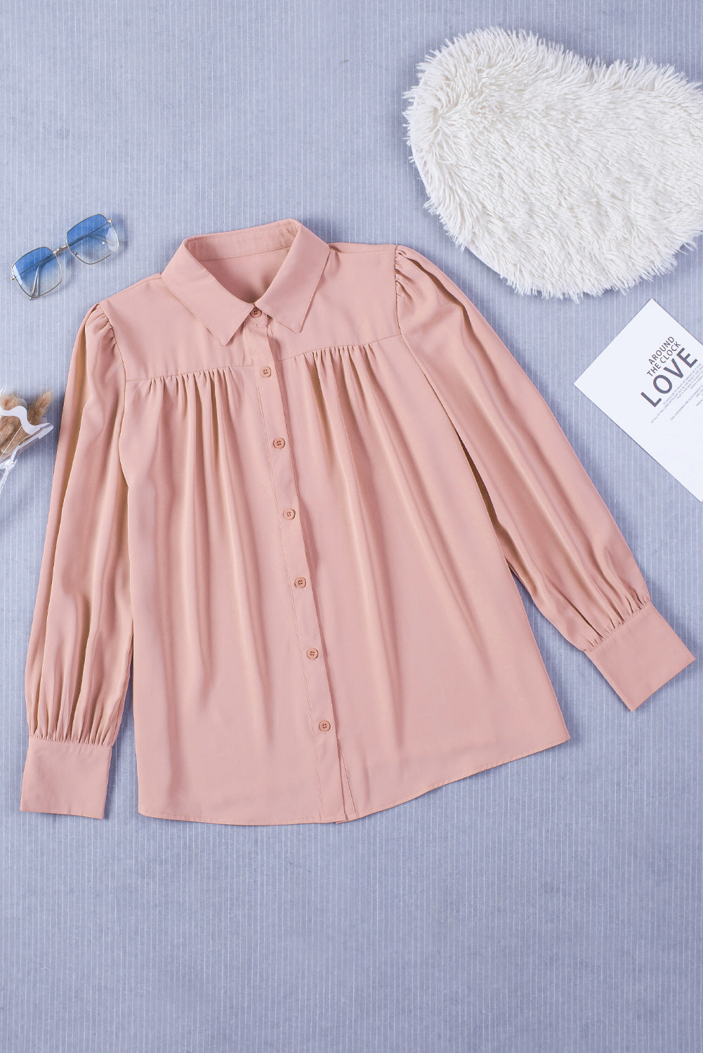 Pink Solid Button Up Pleated Loose Puff Sleeve Shirt