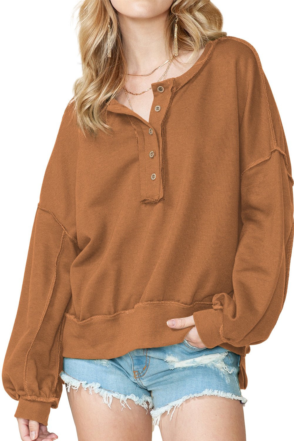 Black Slouchy Drop Shoulder Henley Sweatshirt