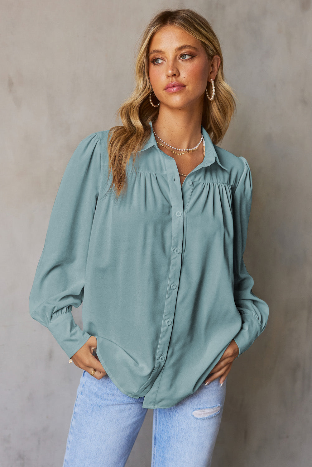 Pink Solid Button Up Pleated Loose Puff Sleeve Shirt