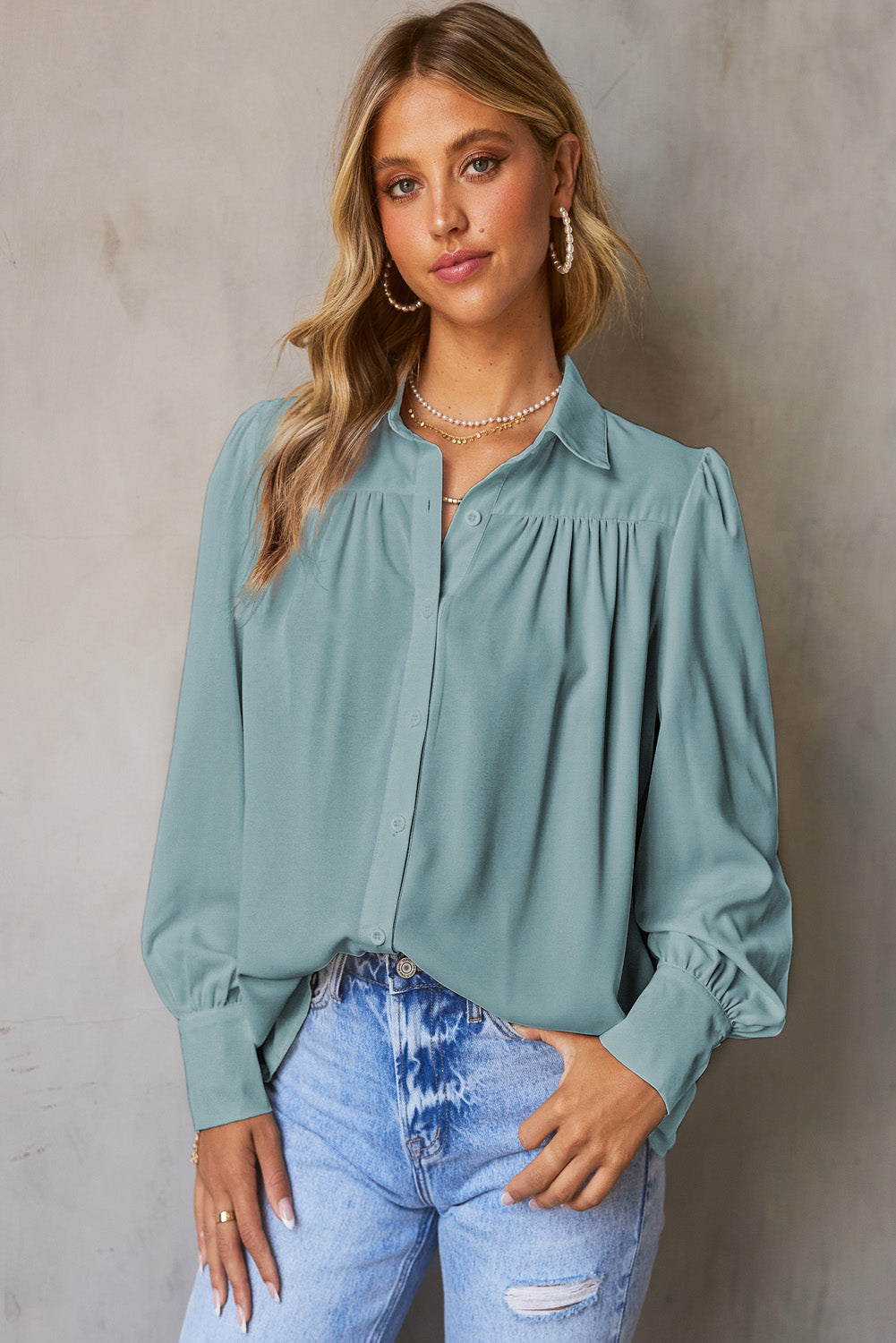 Pink Solid Button Up Pleated Loose Puff Sleeve Shirt