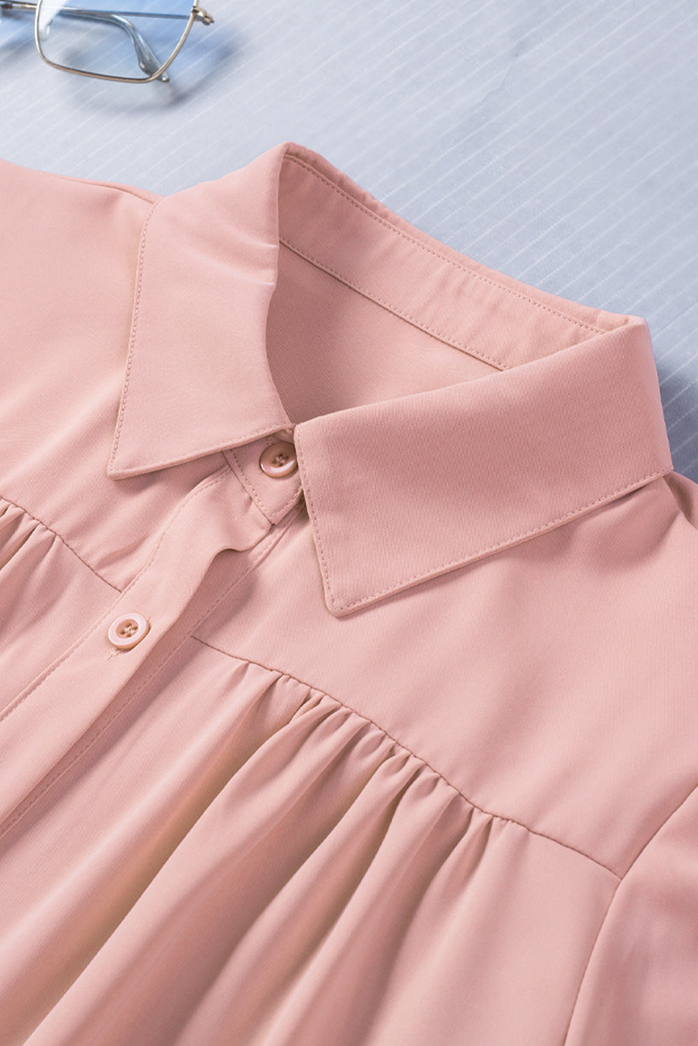 Pink Solid Button Up Pleated Loose Puff Sleeve Shirt