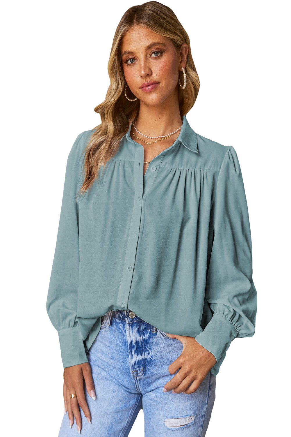 Pink Solid Button Up Pleated Loose Puff Sleeve Shirt