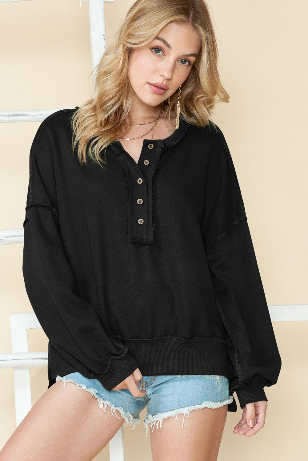 Black Slouchy Drop Shoulder Henley Sweatshirt