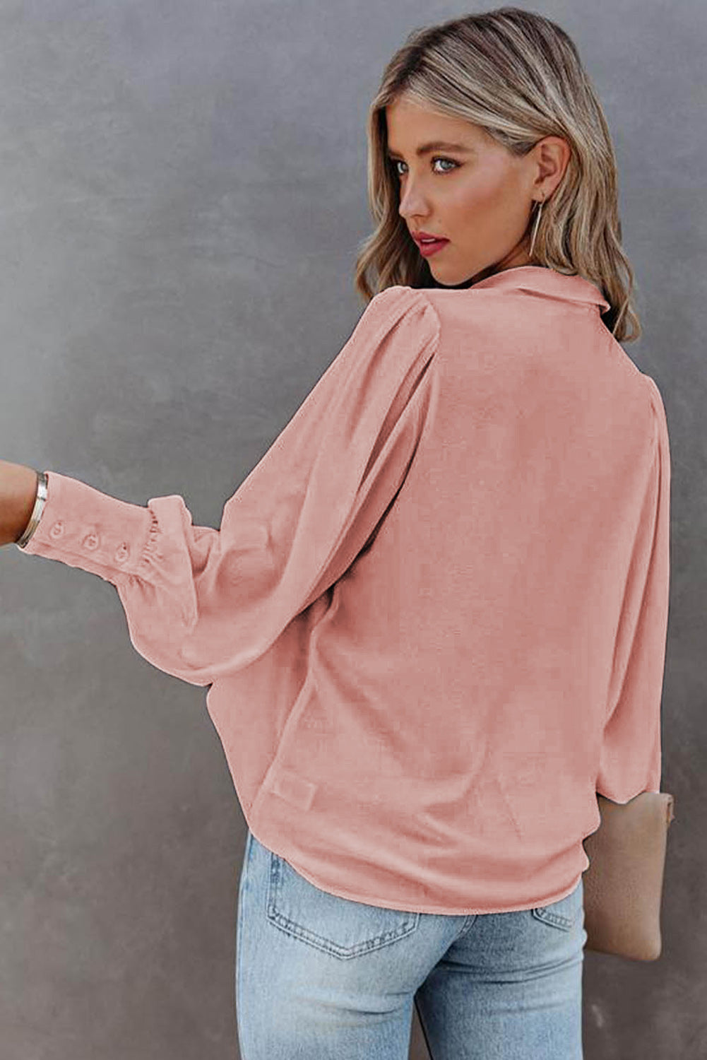 Pink Solid Button Up Pleated Loose Puff Sleeve Shirt