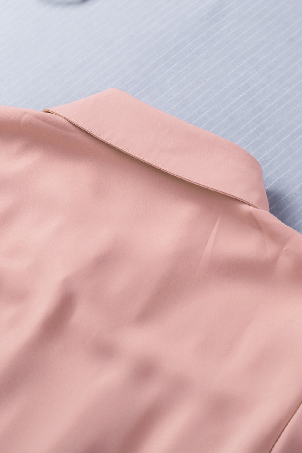 Pink Solid Button Up Pleated Loose Puff Sleeve Shirt