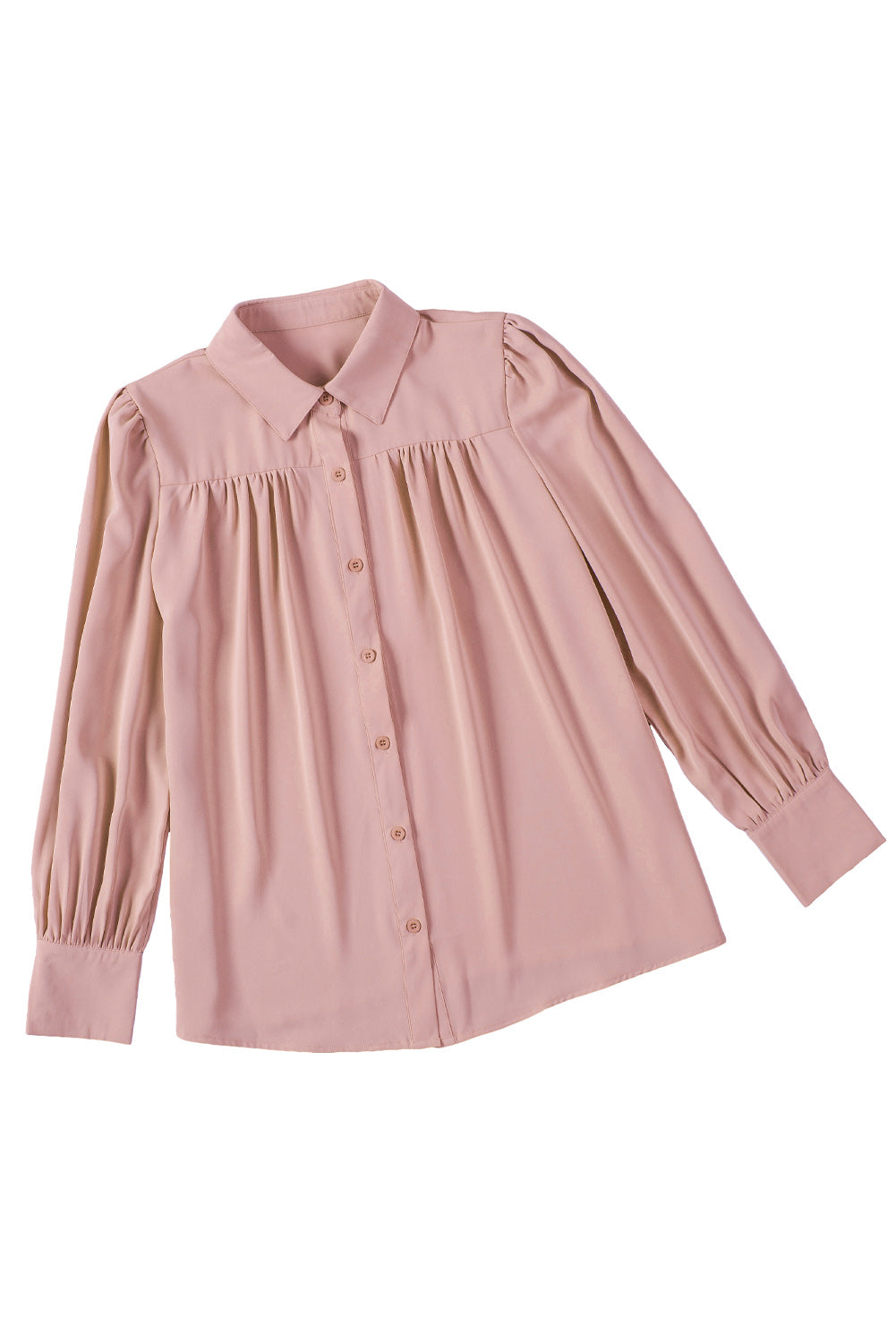 Pink Solid Button Up Pleated Loose Puff Sleeve Shirt